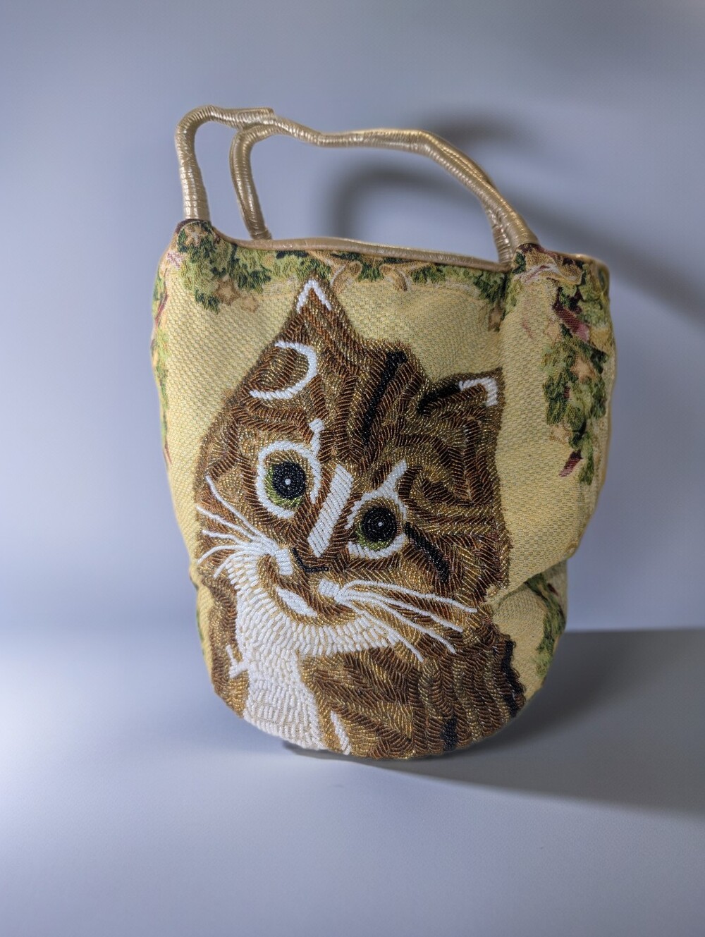 Beaded Cat Bucket Bag Grannycore Cottagecore Floral Tapestry Handbag